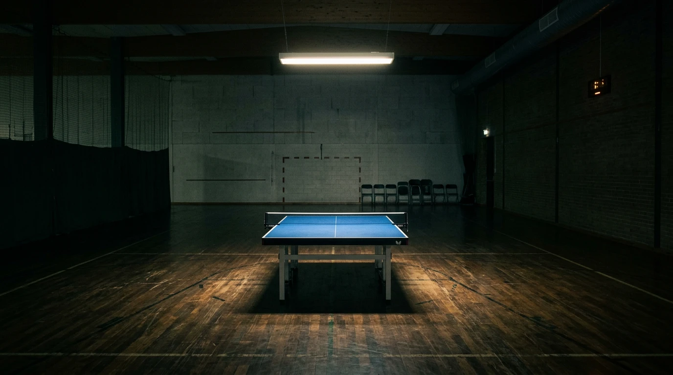 Mesa de tenis de mesa iluminada en un pabellón vacío durante una sesión nocturna de liga menor