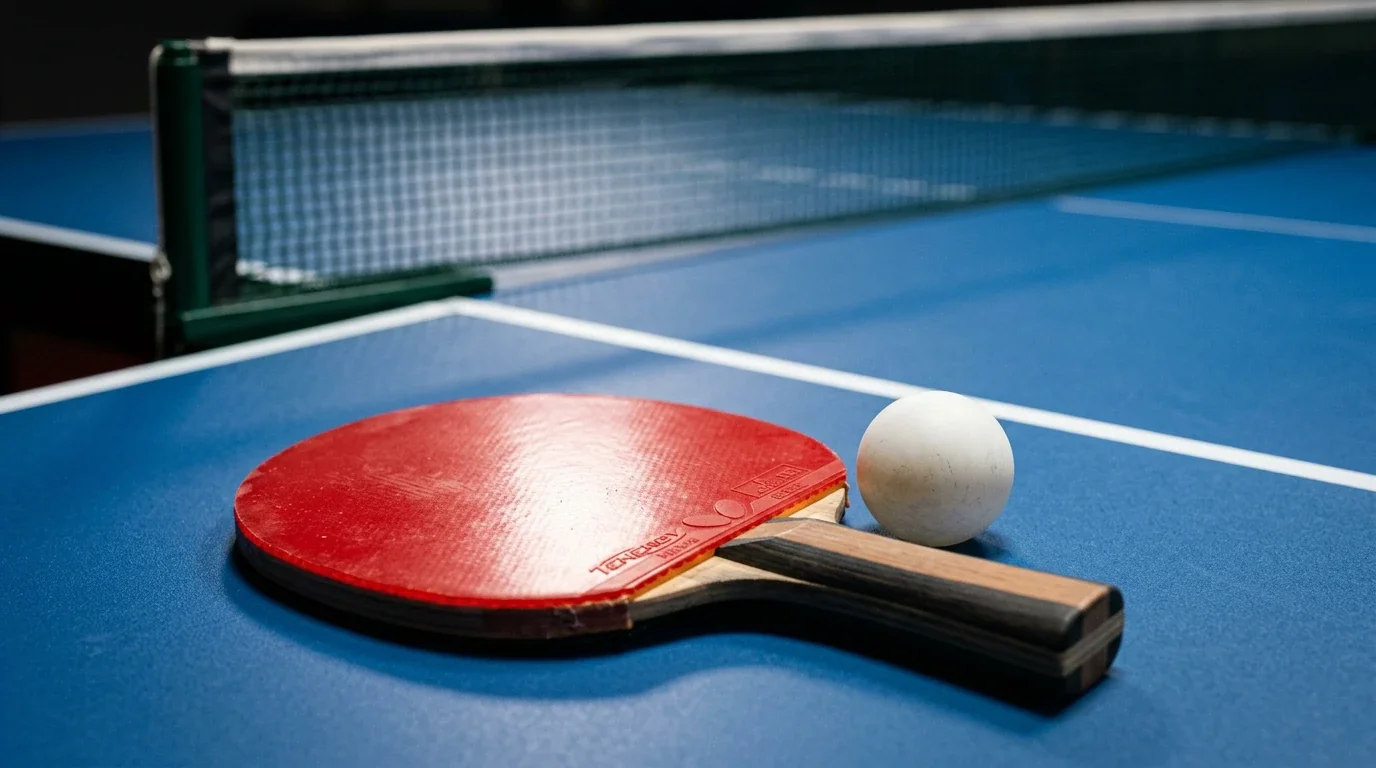 Raqueta roja de tenis de mesa y pelota blanca sobre mesa de juego profesional